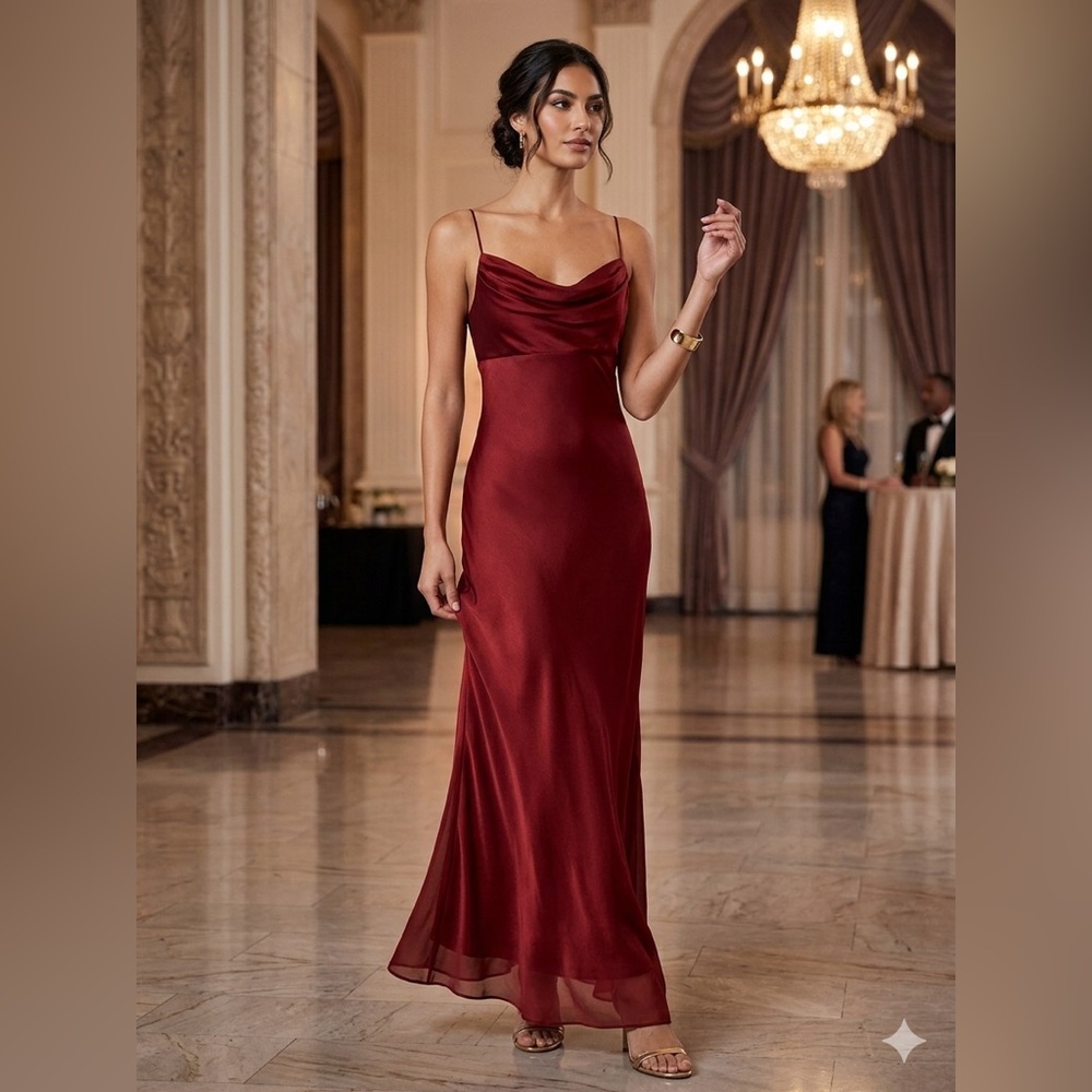 Cache Burgundy Satin Cowl-Neck Maxi Dress
